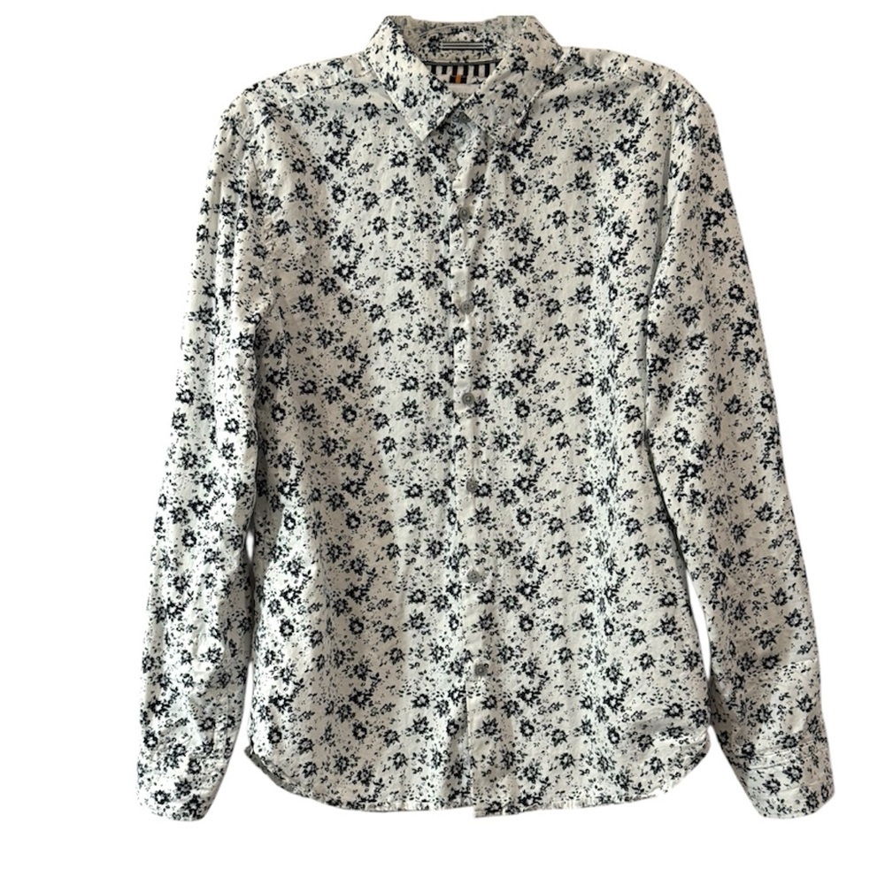 Denim & Flower Mens Floral Button Down Shirt Black White Cotton Small - Picture 1 of 11